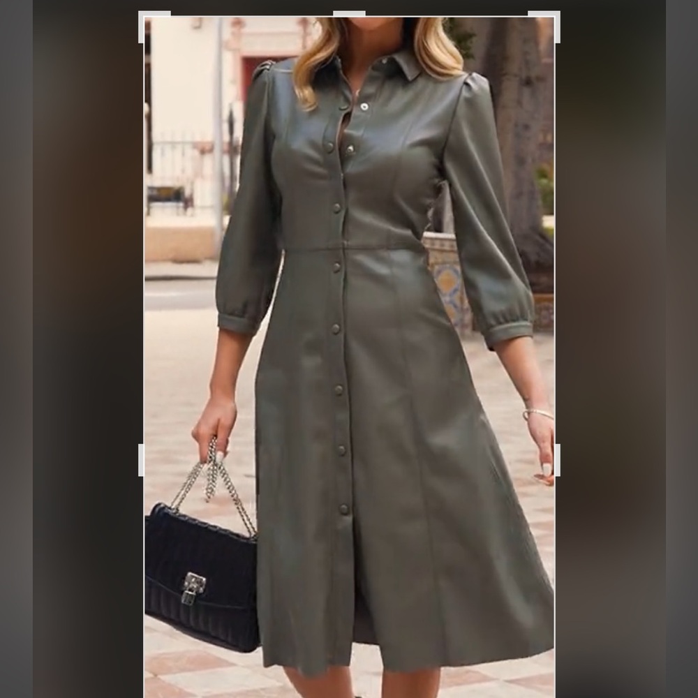 Khaki green faux leather dress by Sosandar